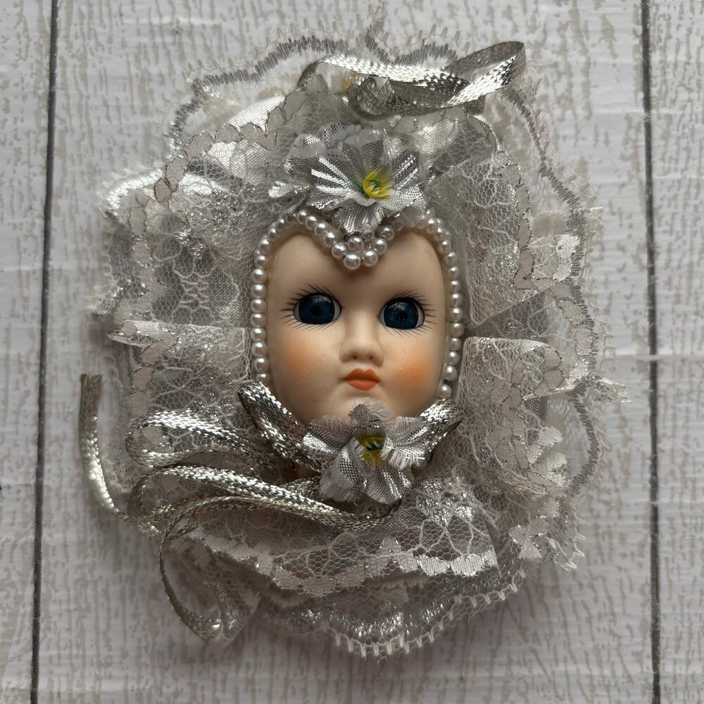 Vintage Angel Face Christmas Ornament Silver Lace Pearl